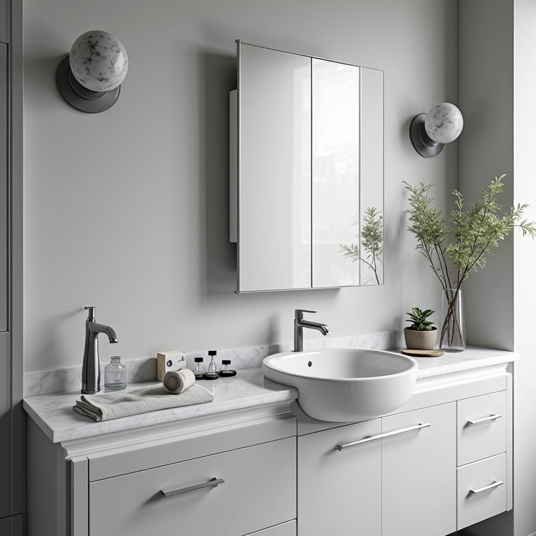 Banheiro cinza e branco com linhas limpas e bancada de mármore.