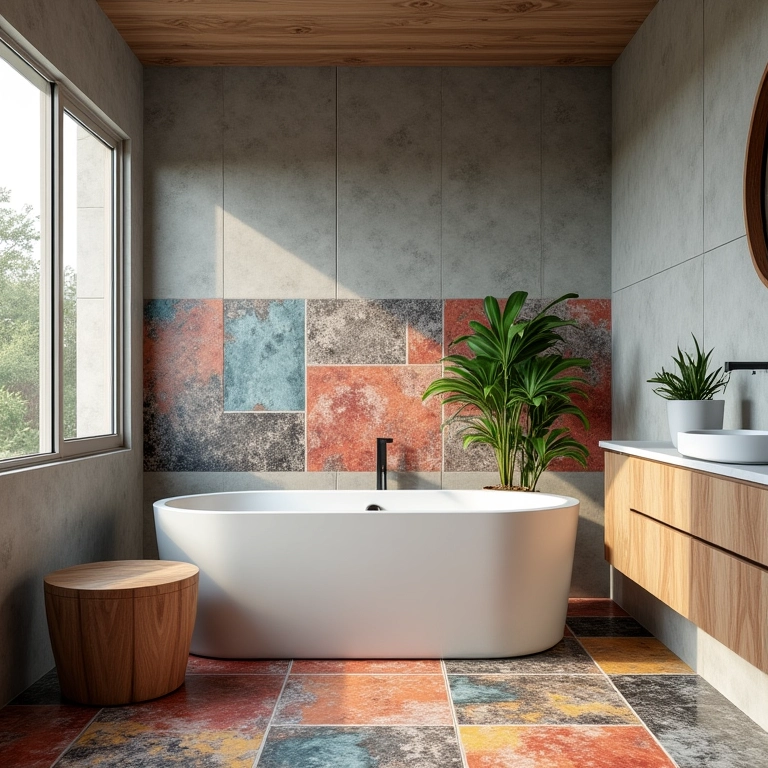Banheiro com concreto, azulejos coloridos e toques de madeira.