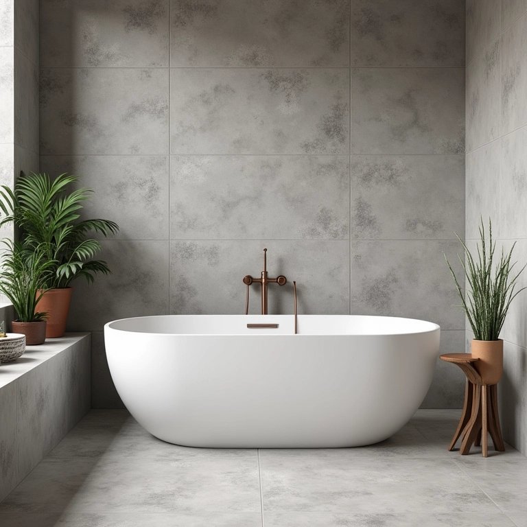 Banheiro com decoração de concreto acessível.