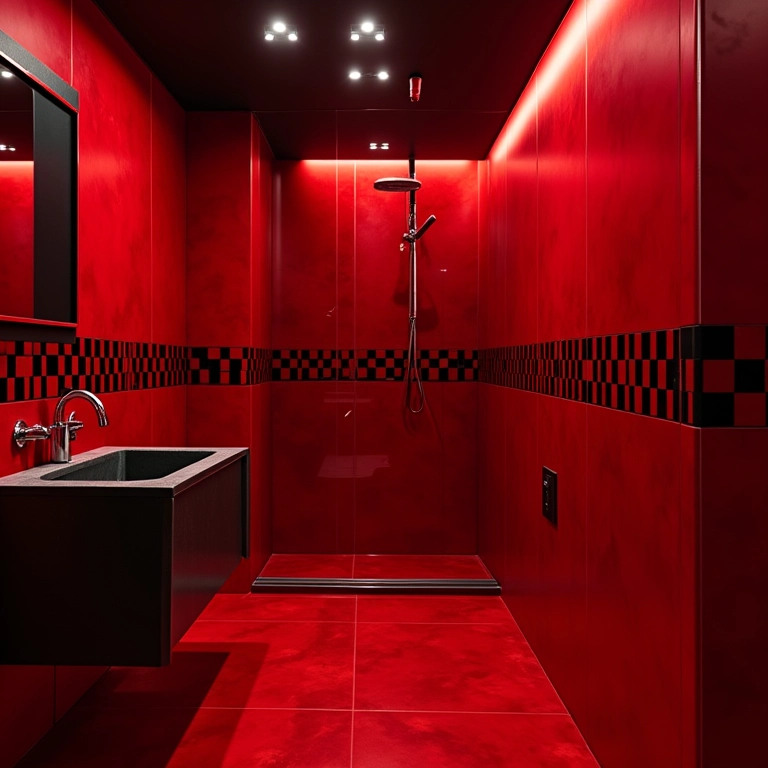 Banheiro com esquema de cores vermelho e preto, alusivo à velocidade e adrenalina.