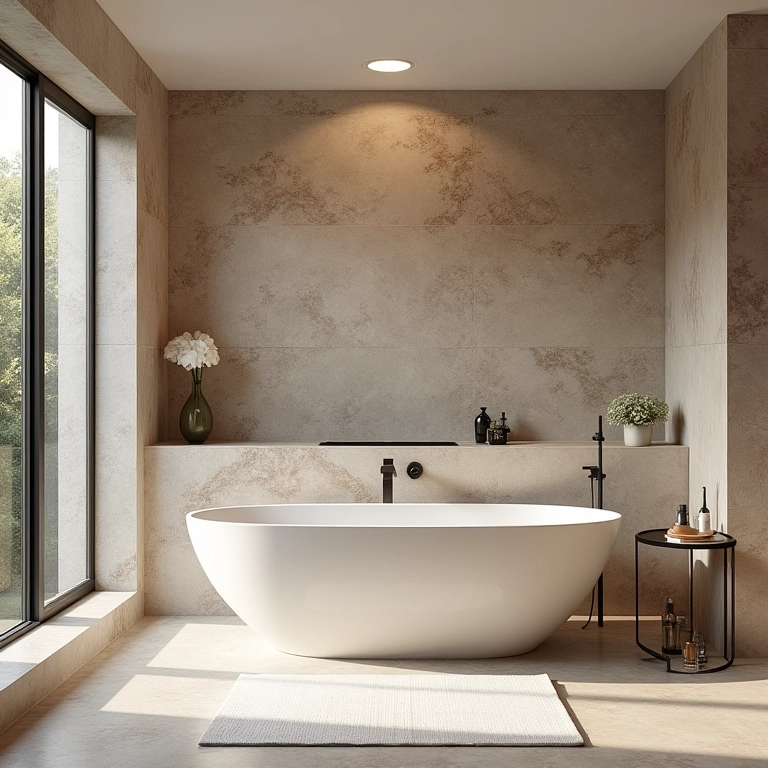 Banheiro com paredes e piso de pedra natural, acessórios elegantes e luz natural.