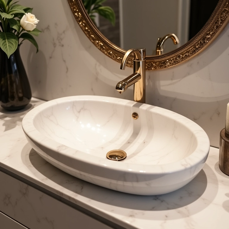 Banheiro com pia esculpida de mármore, design elegante e atemporal.
