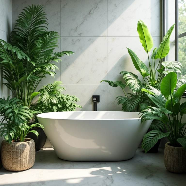 Banheiro com plantas verdes exuberantes.