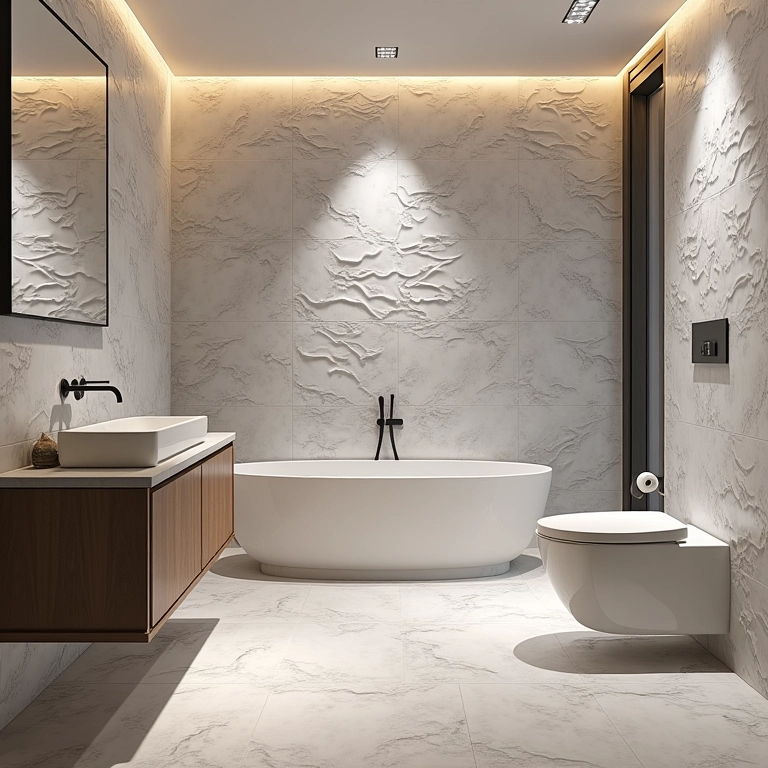 Banheiro com porcelanato 3D, oferecendo originalidade e textura.