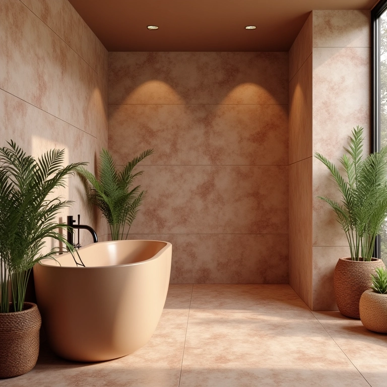 Banheiro com porcelanato antiderrapante em tons terrosos, plantas e cesto de vime.