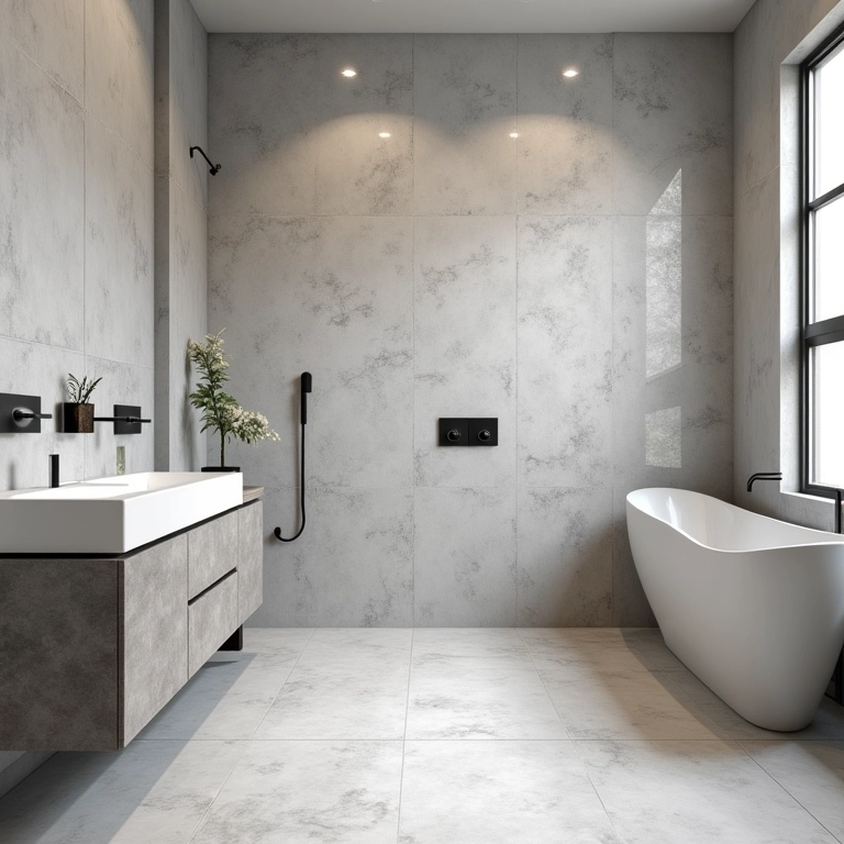 Banheiro com porcelanato estilo cimento queimado, refletindo modernidade e minimalismo.