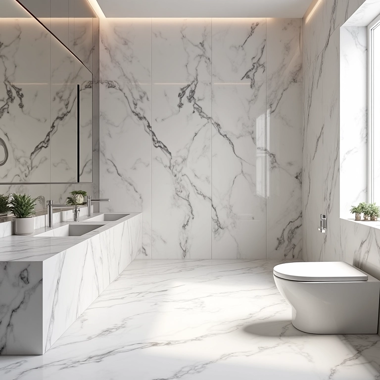 Banheiro com porcelanato marmorizado, sinônimo de luxo e sofisticação.
