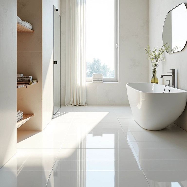 Banheiro com porcelanato polido, destacando o brilho e a elegância do material.