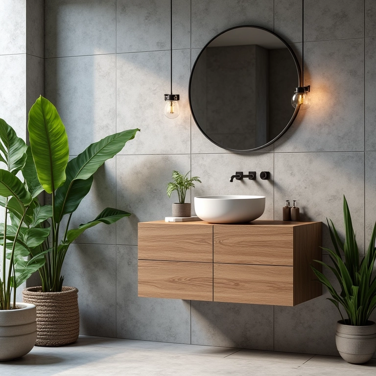 Banheiro contemporâneo com paredes de concreto, madeira e plantas.