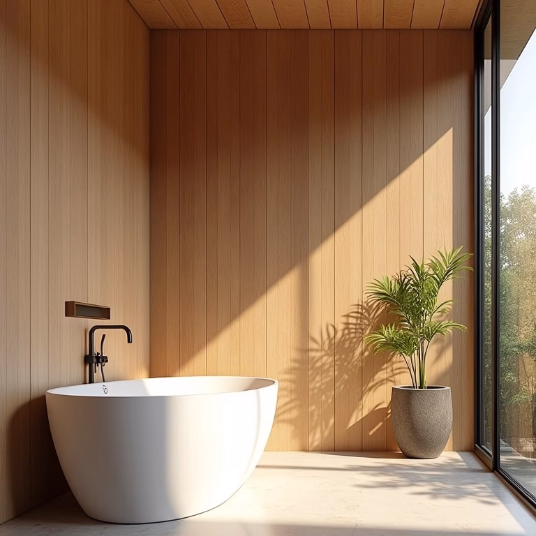 Banheiro de luxo com revestimento de bambu e luz natural