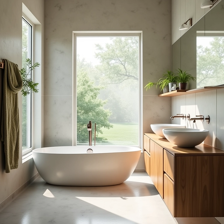 Banheiro econômico com detalhes em bambu