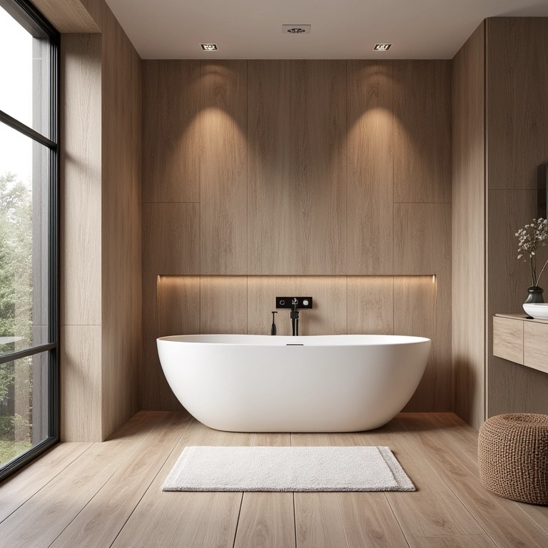 Banheiro elegante com porcelanato que imita madeira nas paredes.