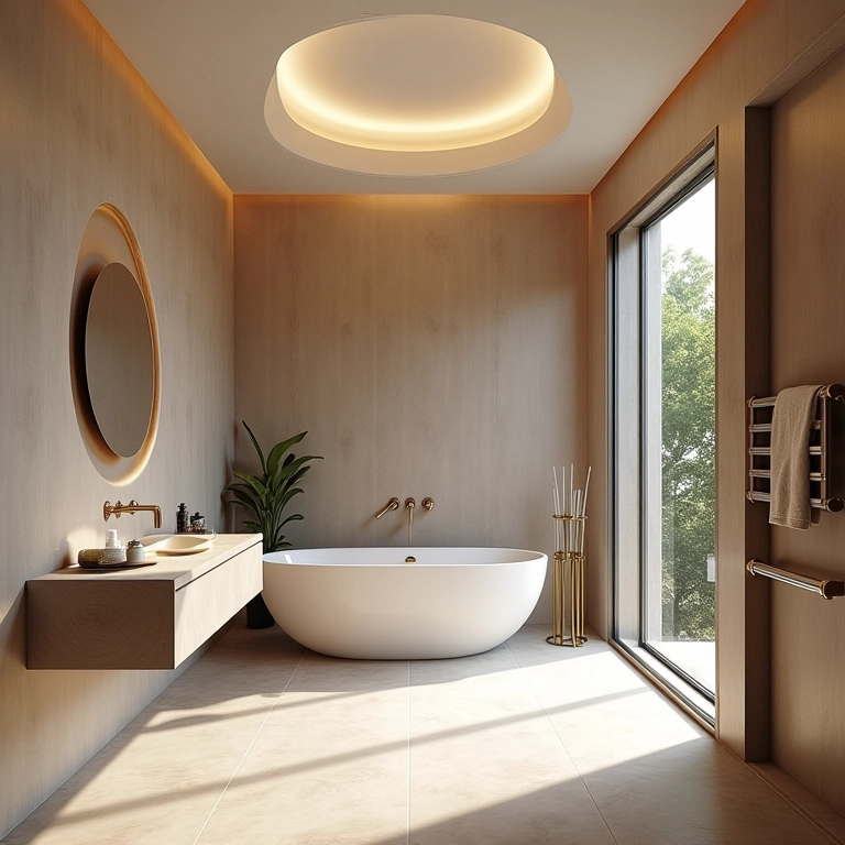 Banheiro elegante com roda de gesso adicionando um toque de luxo.