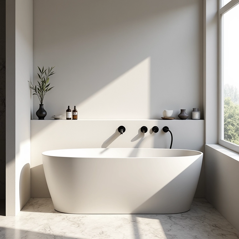 Banheiro elegante com rodapé invertido e acessórios minimalistas.