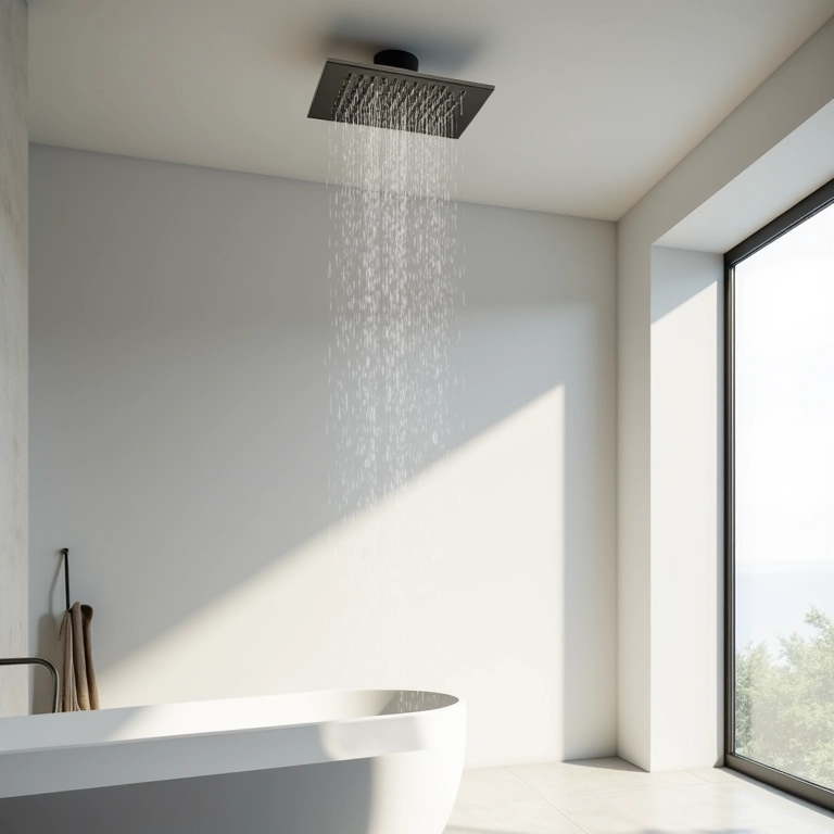 Banheiro minimalista com chuveiro de teto moderno e elegante.