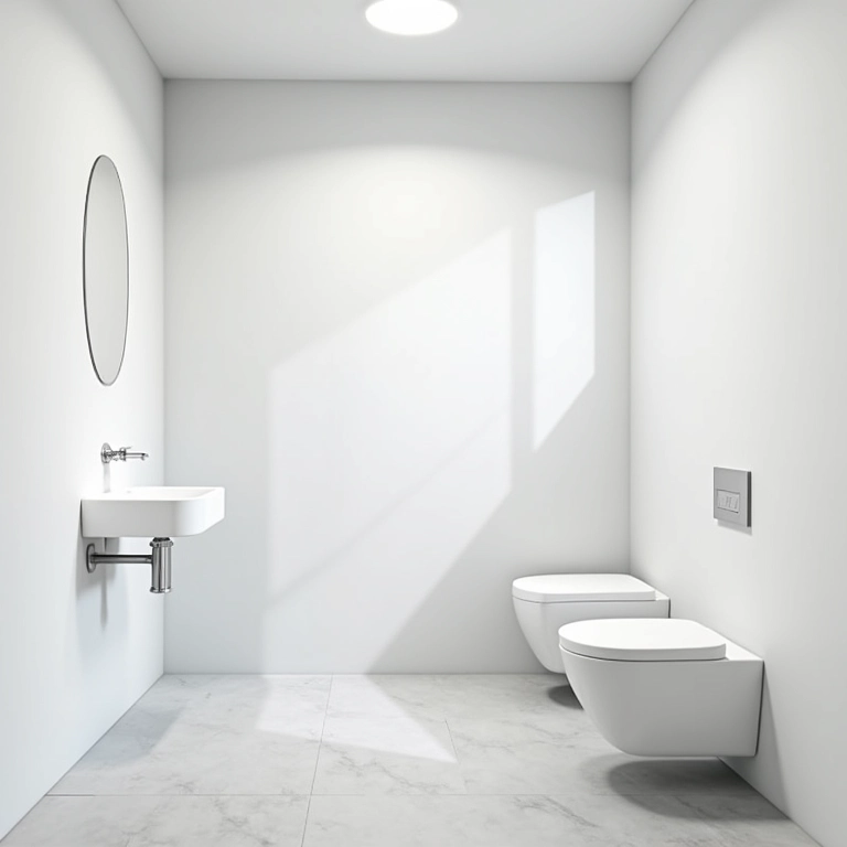 Banheiro minimalista com cores neutras e iluminação natural.