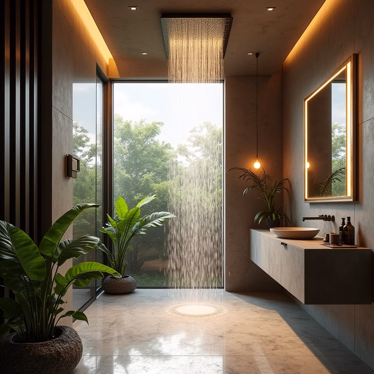 Banheiro moderno com chuveiro de teto, iluminação natural e design brasileiro.