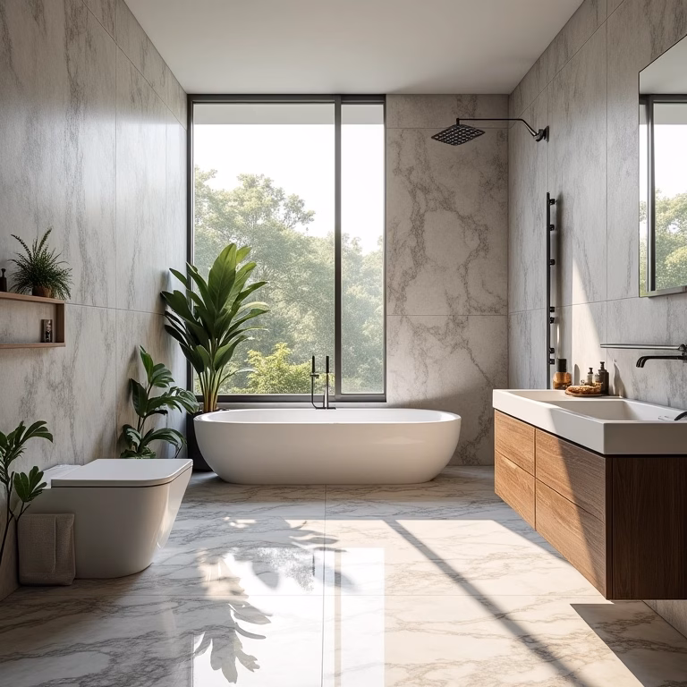 Banheiro moderno com diversos tipos de porcelanato, iluminação natural e plantas.