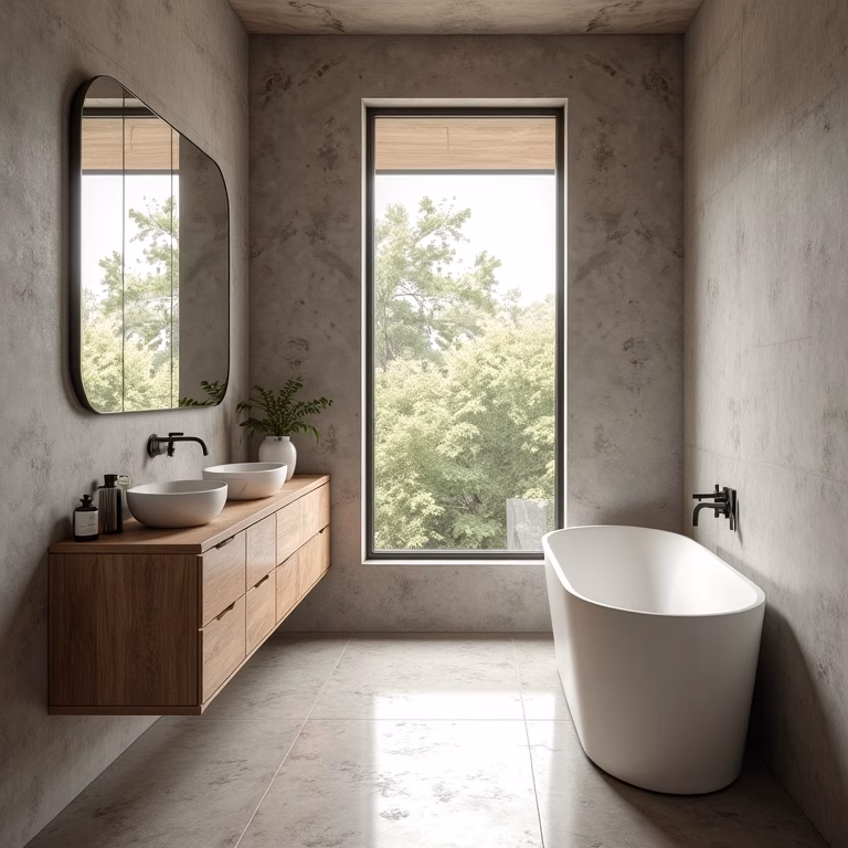 Banheiro moderno com paredes de concreto aparente e iluminação natural.