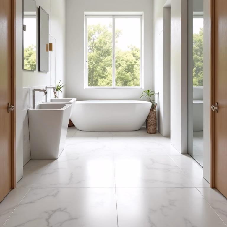Banheiro moderno com porcelanato antiderrapante, iluminação natural e decoração minimalista.