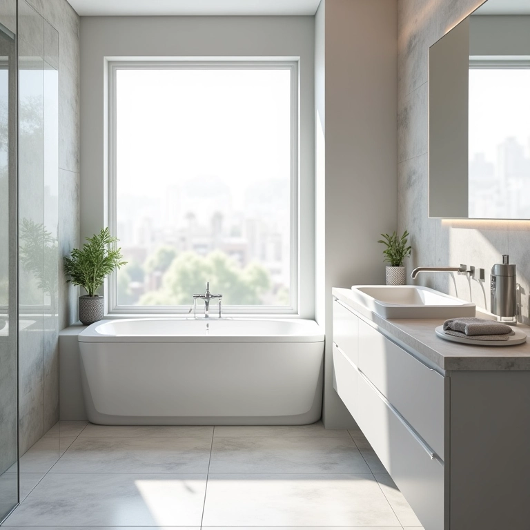 Banheiro moderno com rodapé invertido, facilitando a limpeza e com design minimalista.