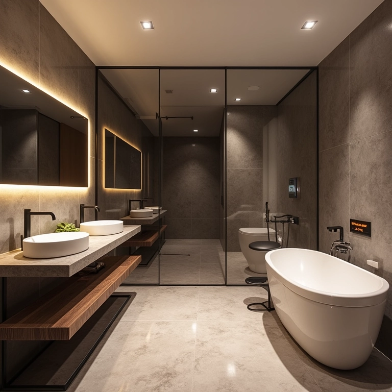 Banheiro moderno com tema de carros, demonstrando iluminação estratégica para melhorar o ambiente e a funcionalidade.