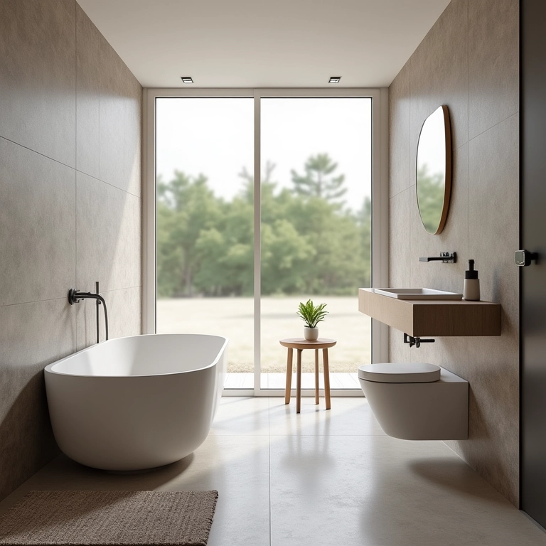 Banheiro moderno com uma banheira compacta, otimizando o espaço.