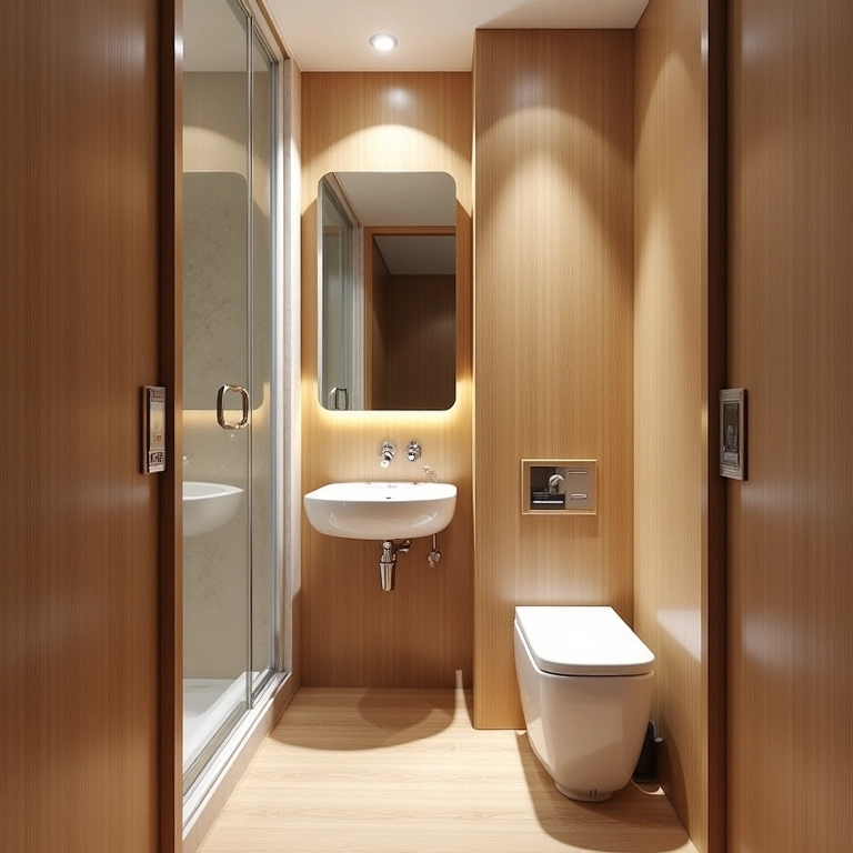 Banheiro pequeno com painéis de bambu