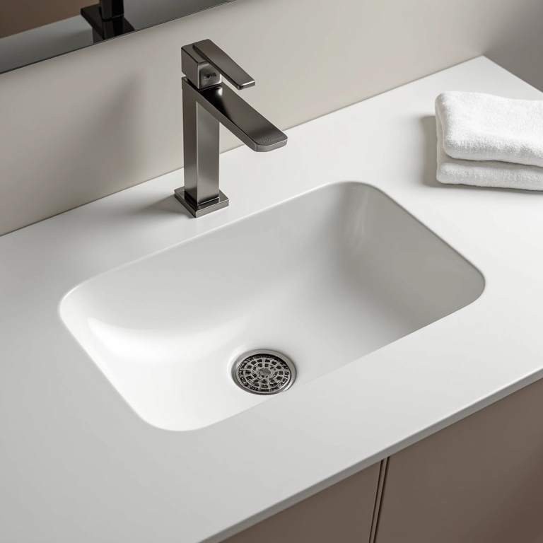 Banheiro pequeno com pia esculpida com cuba oculta, design discreto.