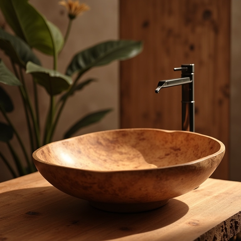 Banheiro pequeno com pia esculpida com detalhes em madeira, aconchego e natureza.