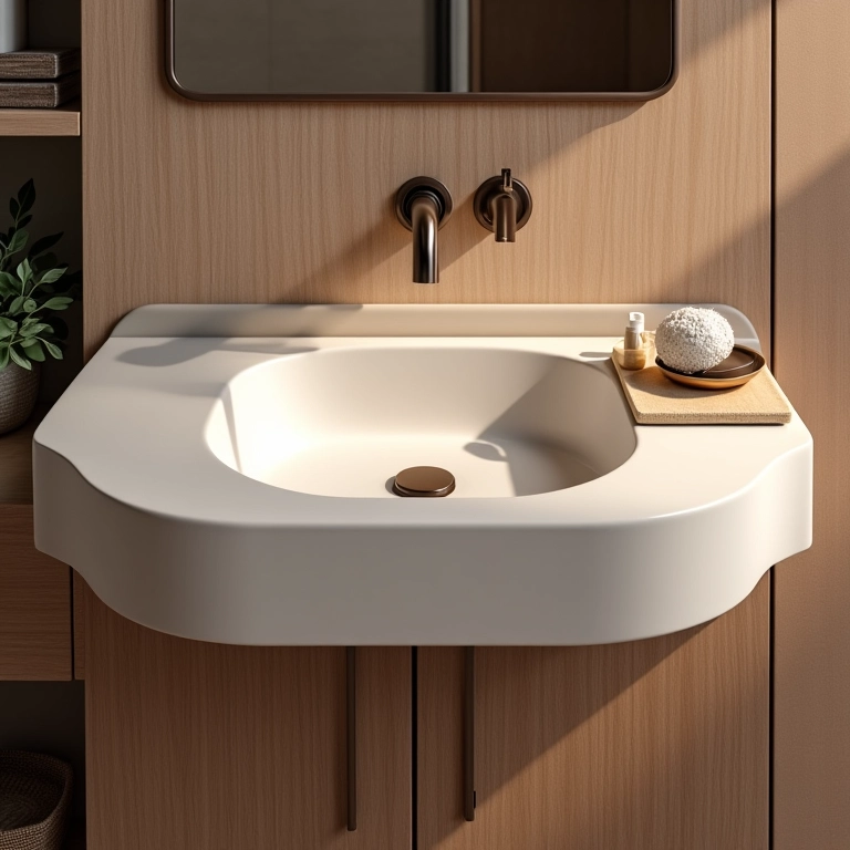 Banheiro pequeno com pia esculpida com gabinete, organização e funcionalidade.