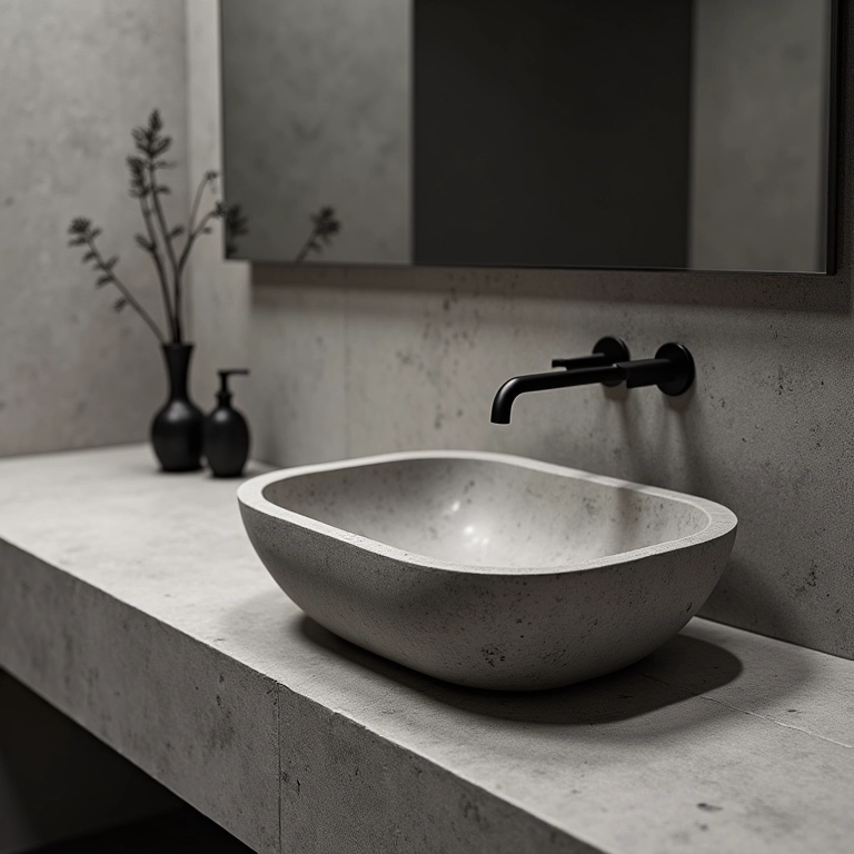 Banheiro pequeno com pia esculpida de cimento queimado, estilo industrial.