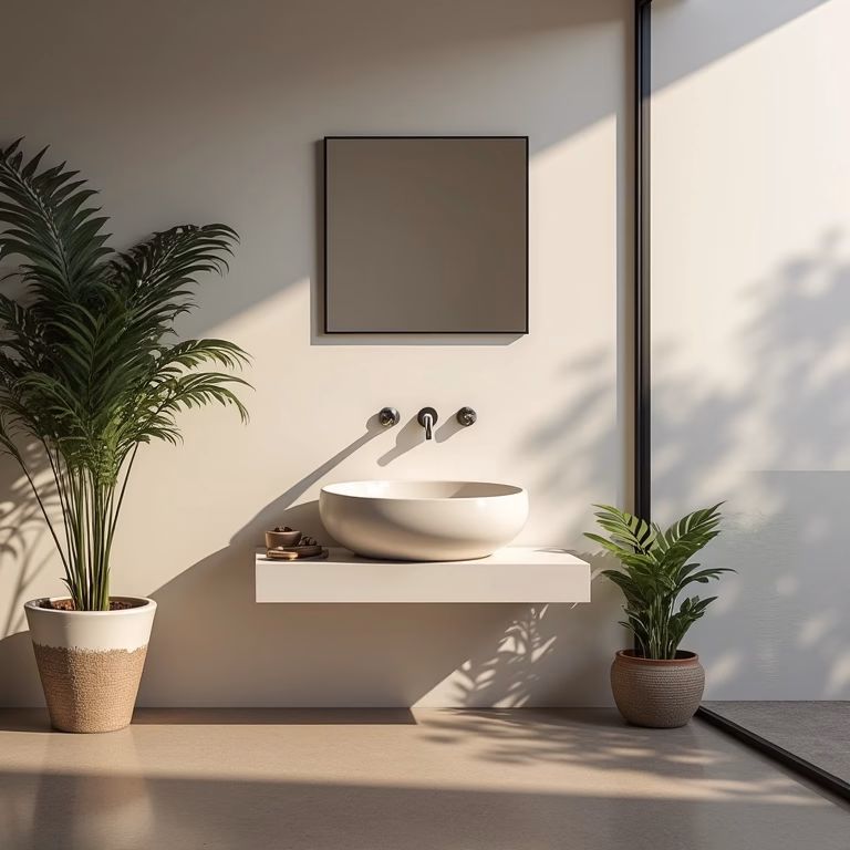 Banheiro pequeno com pia esculpida, design minimalista e iluminação natural.