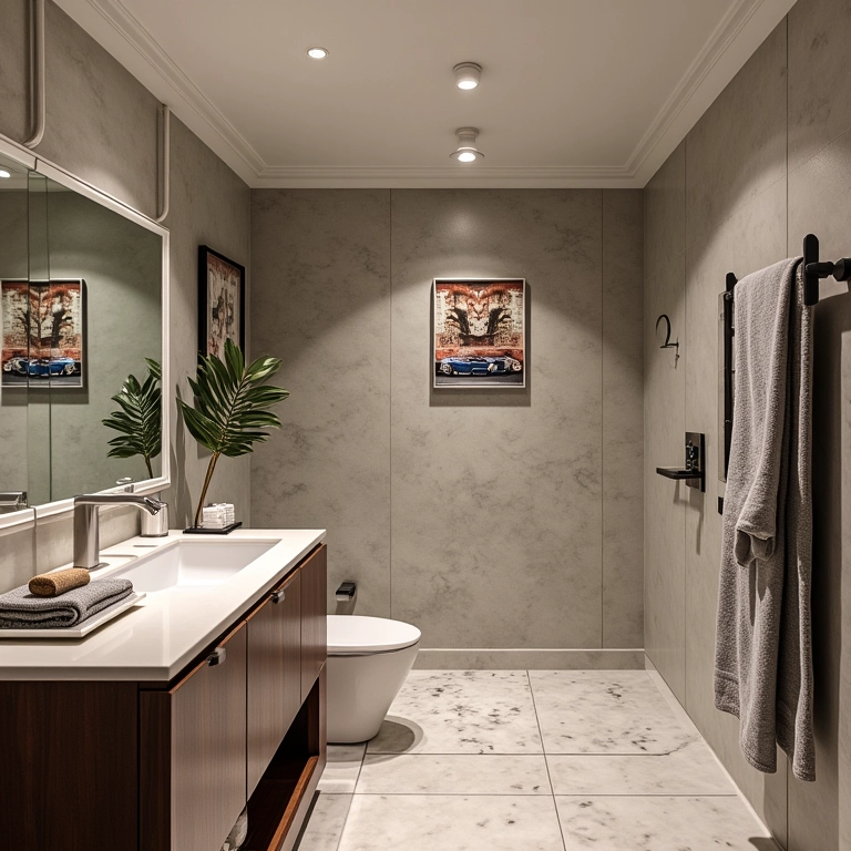 Banheiro sofisticado com decoração de carros, toques personalizados e dicas de design de especialistas.