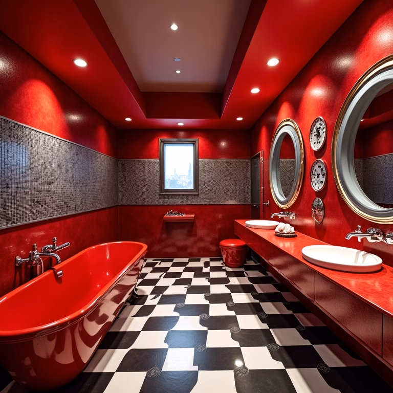 Banheiro temático com decoração de carros de corrida, piso quadriculado e detalhes em vermelho.