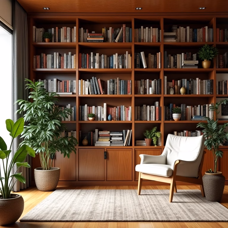 Biblioteca residencial aconchegante com estantes do chão ao teto e poltrona confortável.