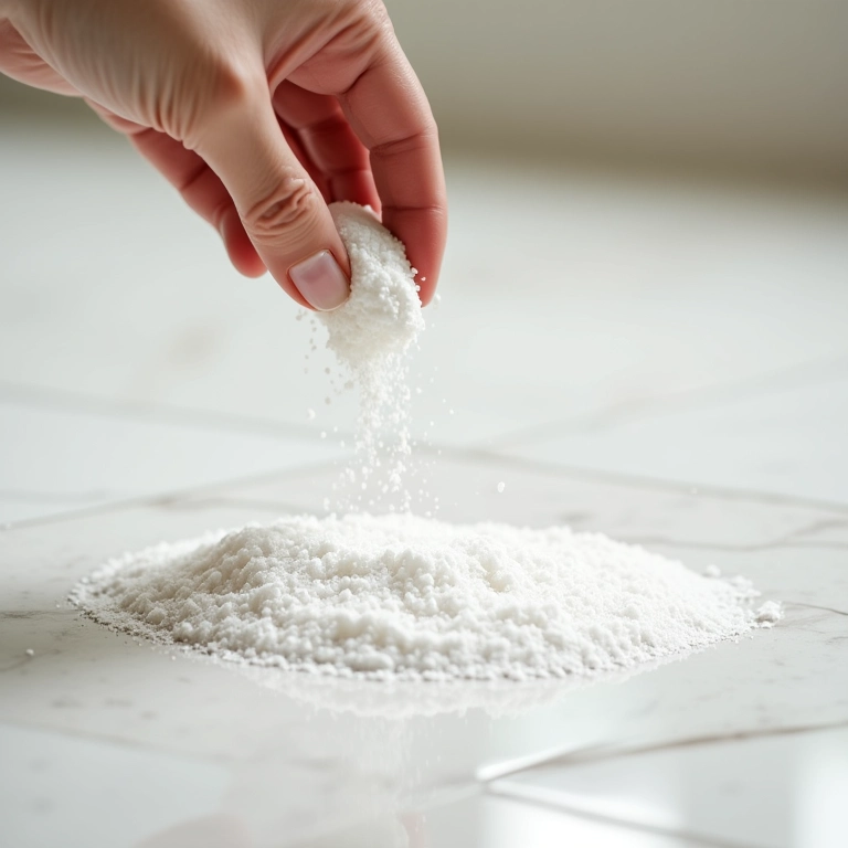 Bicarbonato de sódio sendo polvilhado em um piso de porcelanato manchado, demonstrando suas propriedades removedoras de manchas.