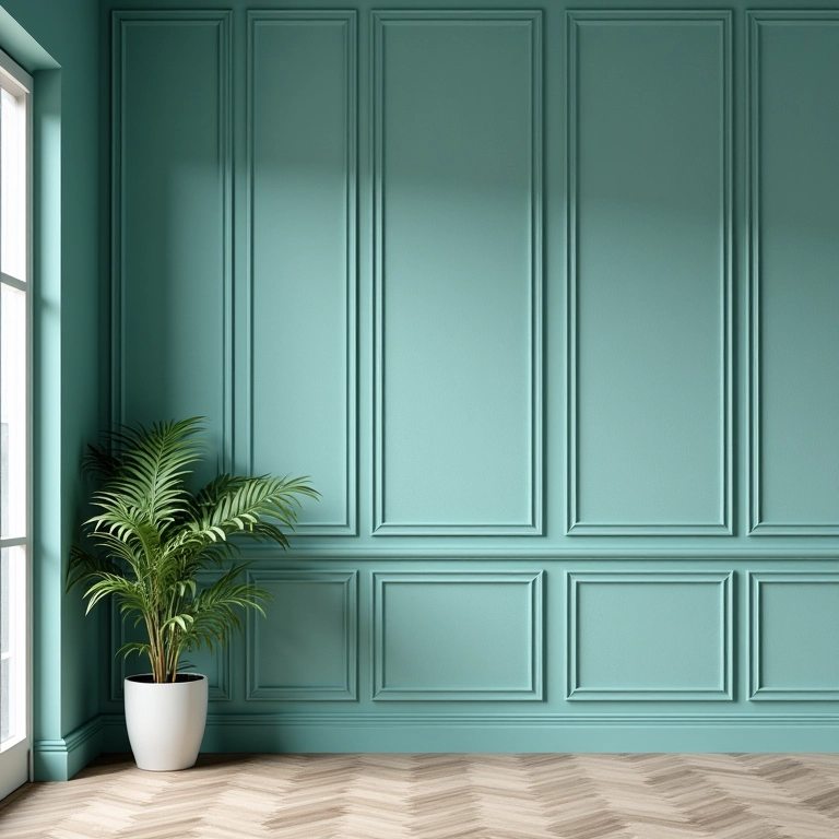 Boiserie moderno criado com moldura de EVA autocolante em parede azul.