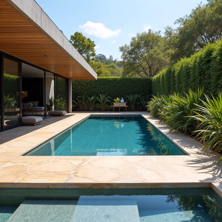 Borda de piscina elegante revestida com pedra São Tomé bege, com iluminação natural e paisagismo exuberante.