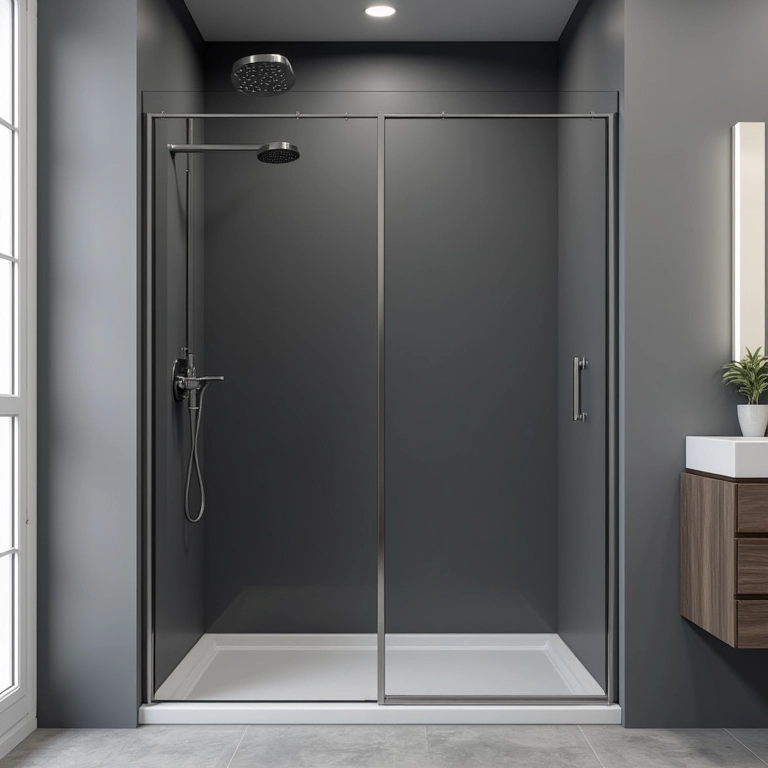 Box de vidro com acabamento fumê em banheiro cinza.