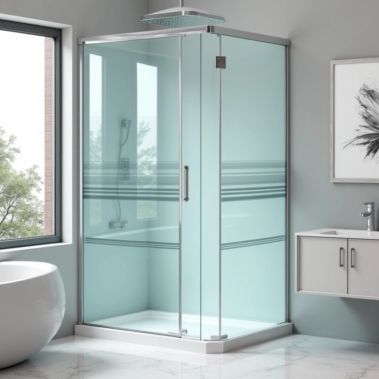 Box de vidro transparente com faixas de corrida em um banheiro temático.