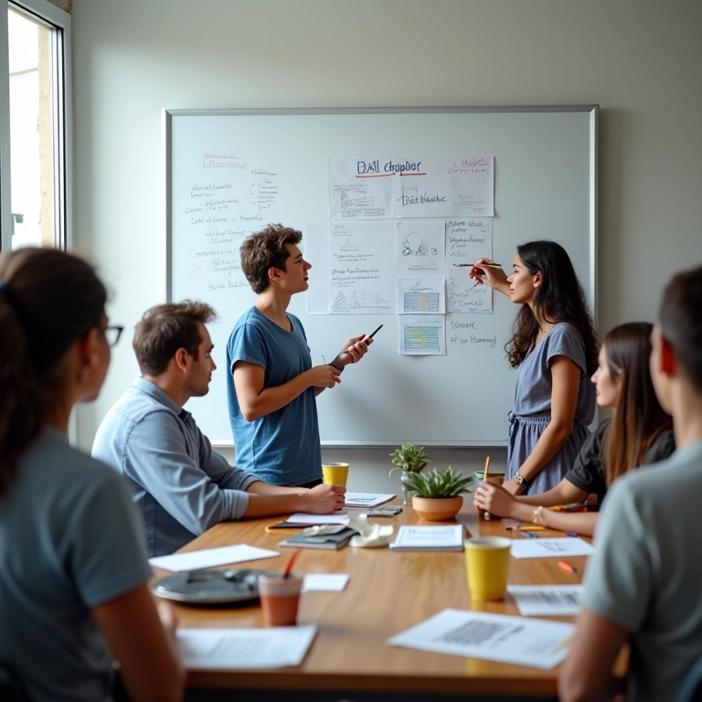 Brainstorming criativo em mesa de escritório com lousa, estimulando a inovação.