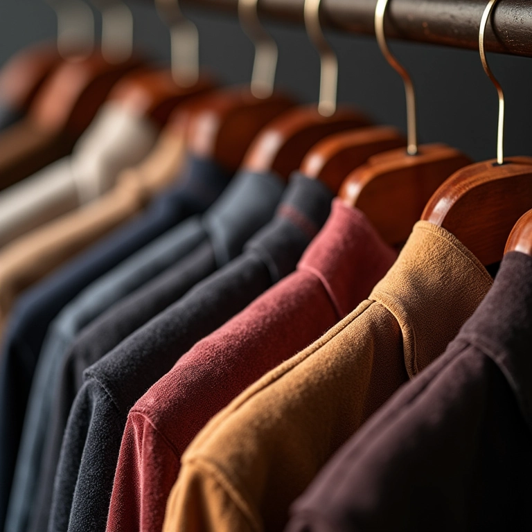 Cabides de veludo da Marca X exibindo diferentes roupas.