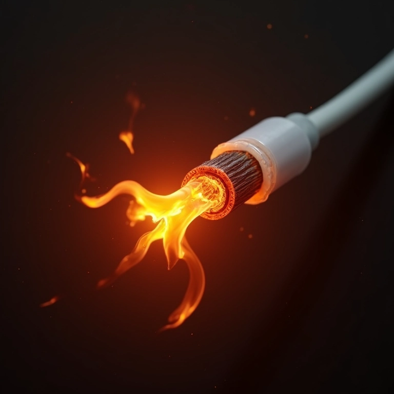 Cabo elétrico sobrecarregado com isolamento derretendo.