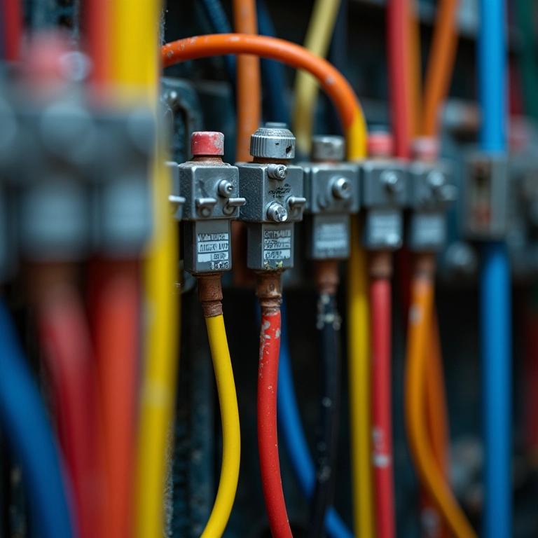 Cabos elétricos coloridos na prumada de um prédio.