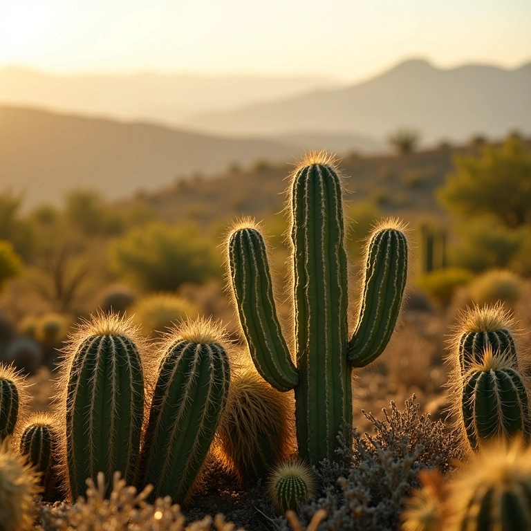 Cactos, esculturas naturais de baixa manutenção, em paisagem desértica.