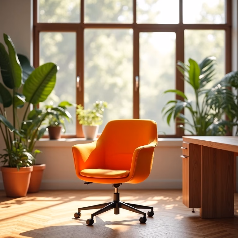 Cadeira de escritório laranja vibrante em escritório moderno com decoração brasileira.