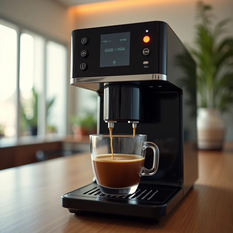 Cafeteira expresso automática preparando café em um apartamento brasileiro moderno e bem iluminado.