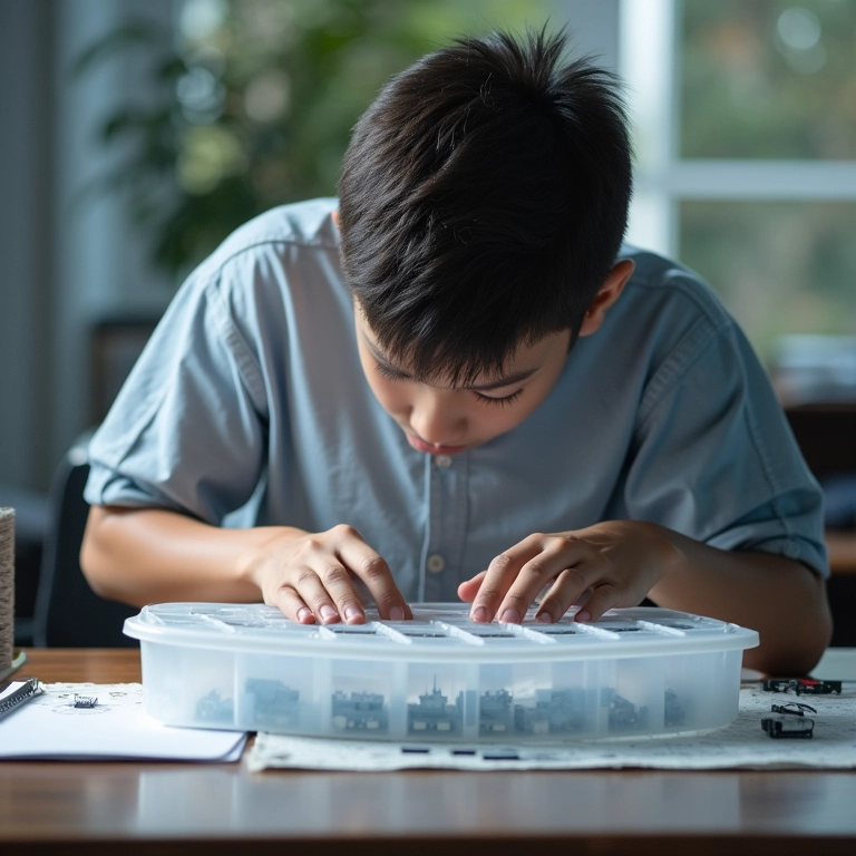 Caixa organizadora facilitando a busca por componentes eletrônicos no escritório.