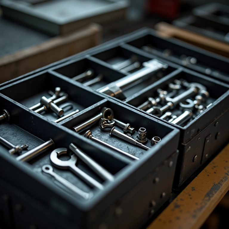 Caixas de metal com divisórias ajustáveis organizando ferramentas e ferragens.